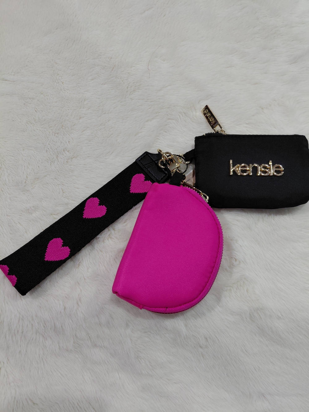 NWT Kensie Black And Pink Coin Pouchs and Pink Keychain Wristlet Set